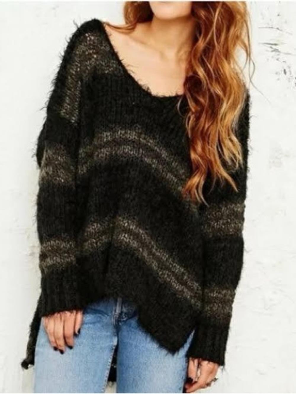 Free People Linus Stripe Pullover Sweater Black & Gray Fuzzy Open Knit V-Neck XS